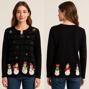 Quacker Factory Vintage Embroidered Black Snowman Holiday Cardigan Sweater Sz. M